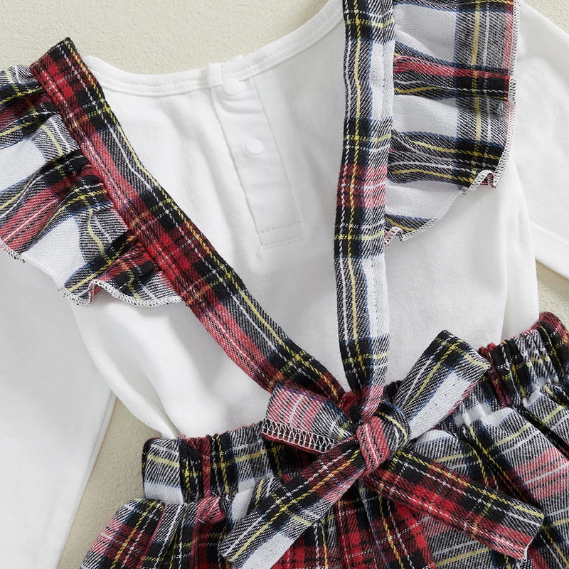 Christmas Ruffled Top and Plaid Suspender Dress Set - Baby Girls 2-Piece Outfit
