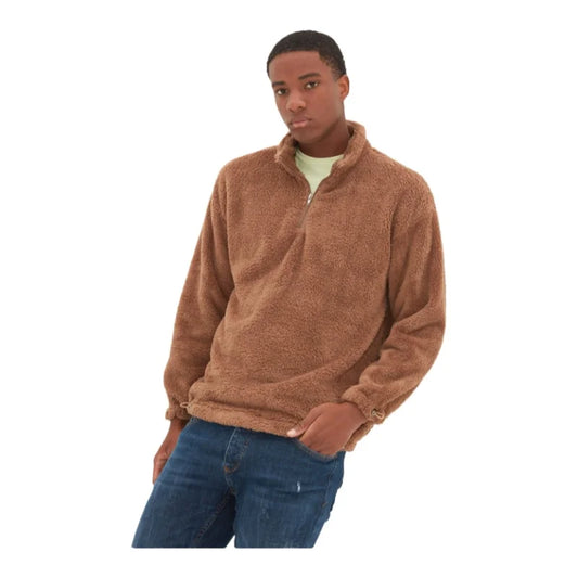 Men's Fabric Loose Plain Plush Standard Sleeve Zippered Standing Collar Sweatshirt