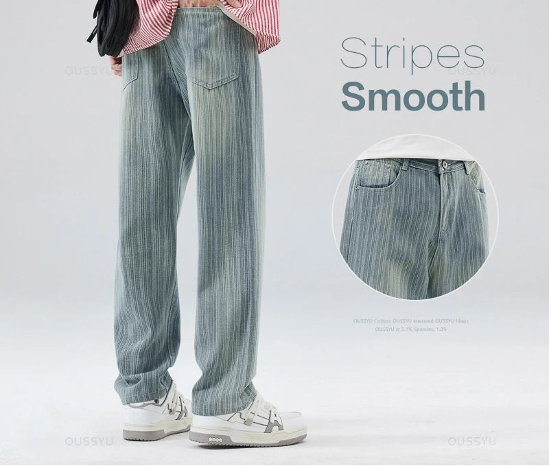 Men's Cotton Striped Straight Leg Jeans | Zipper Fly | Moustache Effect Wash | Midweight | Spring Summer | High Street