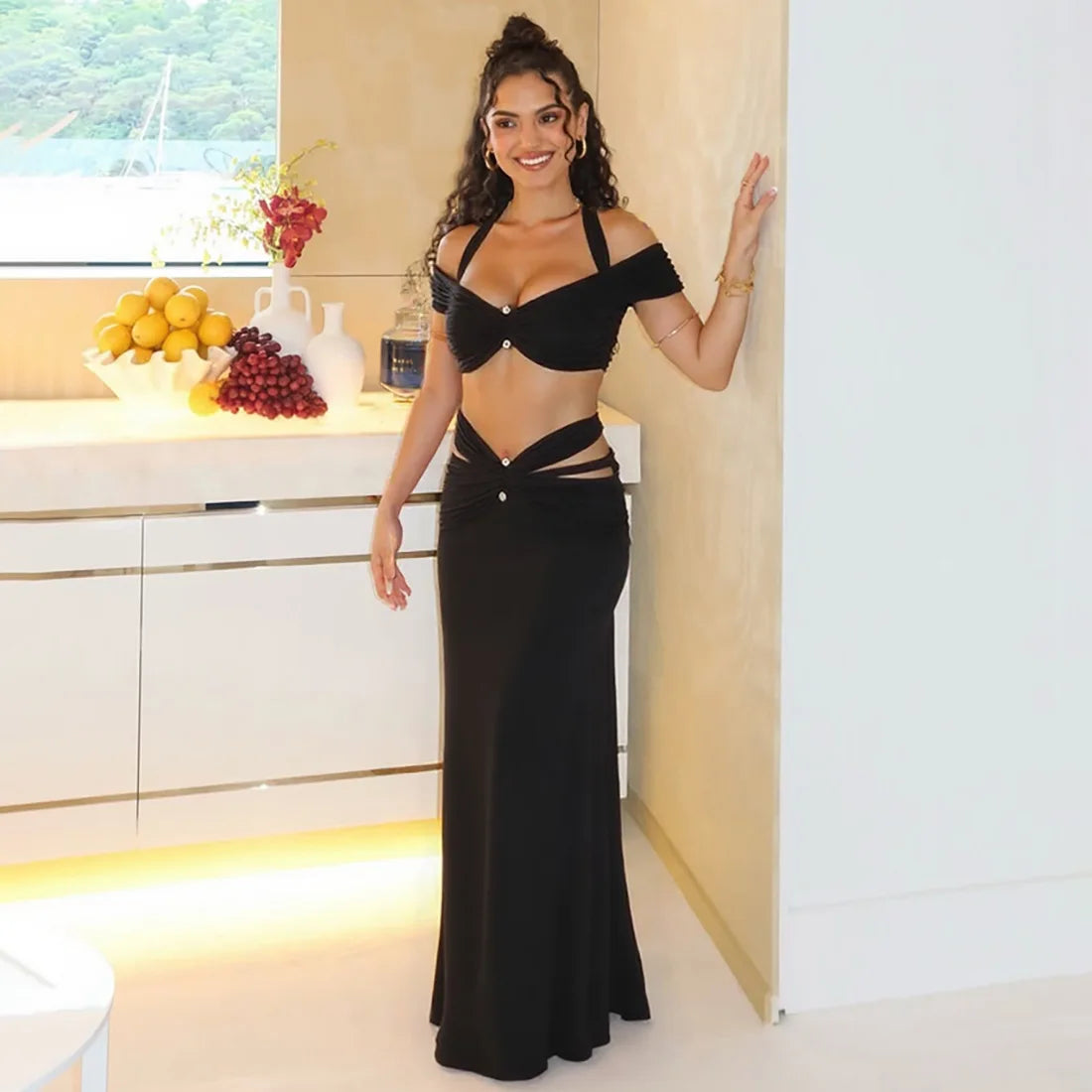 Women's Elegant Ruched Cut Out 2 Piece Dress Set - Halter Top & Maxi Skirt