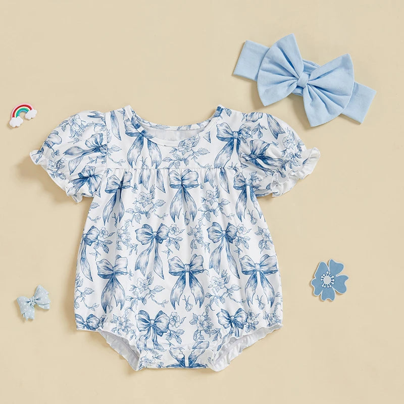 Baby Girls Bow Print Romper with Headband Set (0-18M)