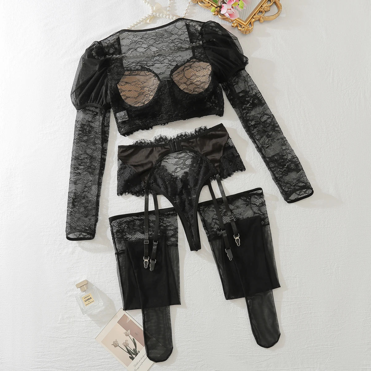Women's Long Sleeve Lace Stockings  Lingerie Set Outfit