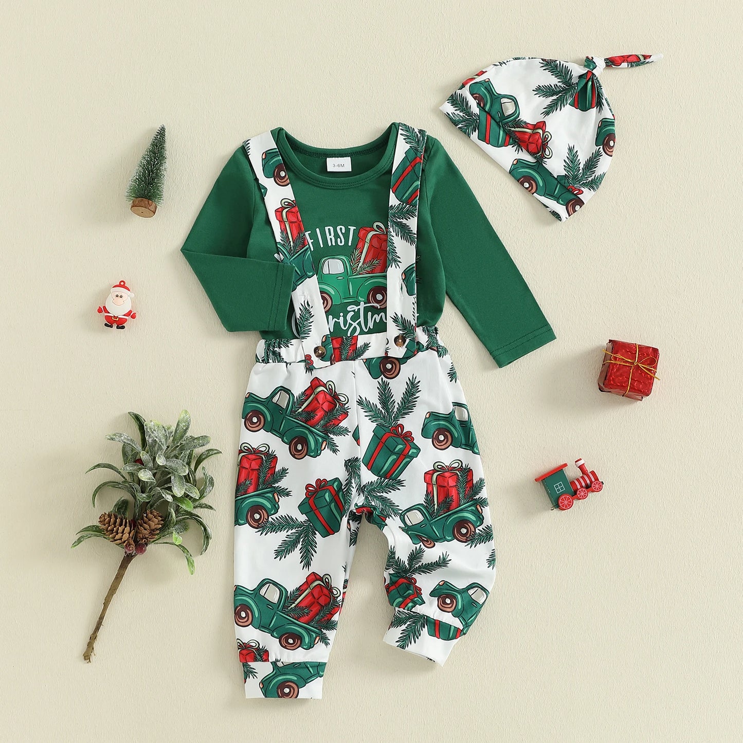 Christmas Baby Boys 3-Piece Outfit Set - Printed Romper, Overalls & Hat (0-18M)