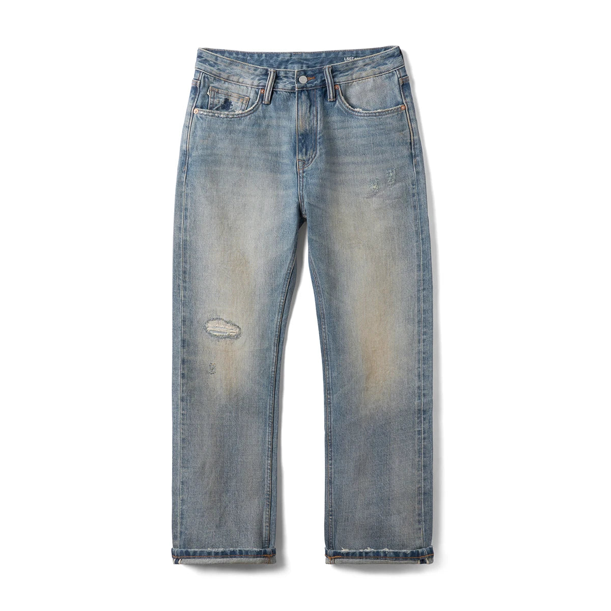 Men's Premium Selvedge Denim Jeans - 14.3oz Cotton Loose Straight Patchwork