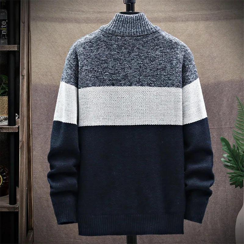 Men's Knit Cardigan Patchwork Stand Collar Zipper Knitted Thick Sweater