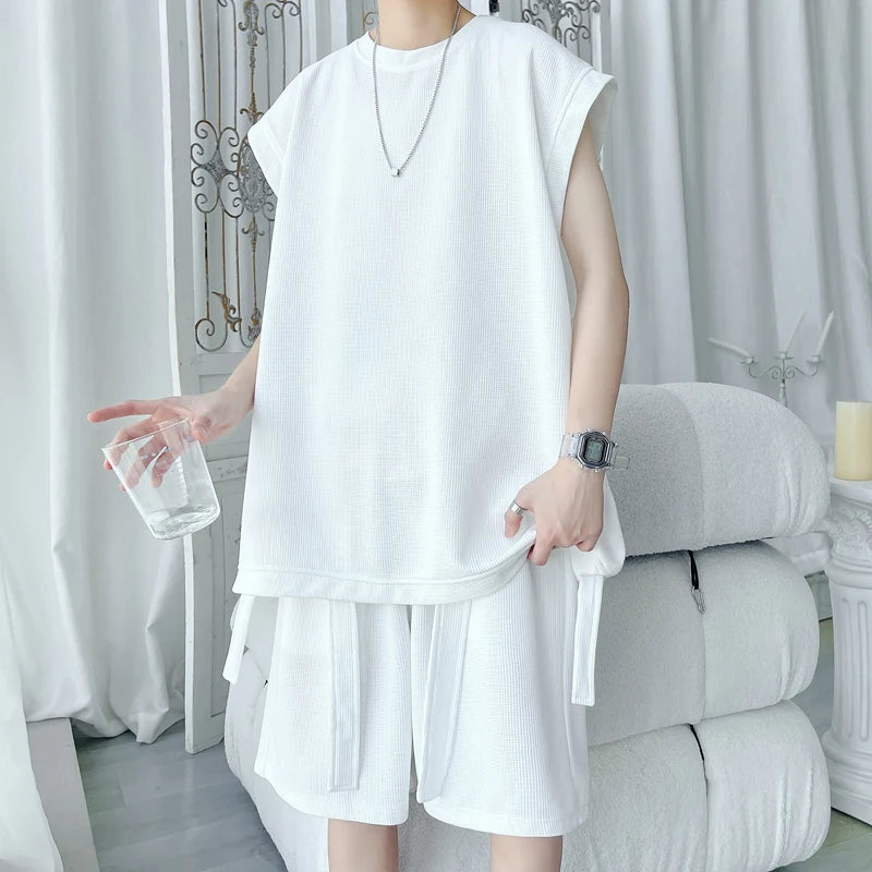 Summer Solid Colour Sleeveless Loose Casual Streetwear Round Neck Vest Set