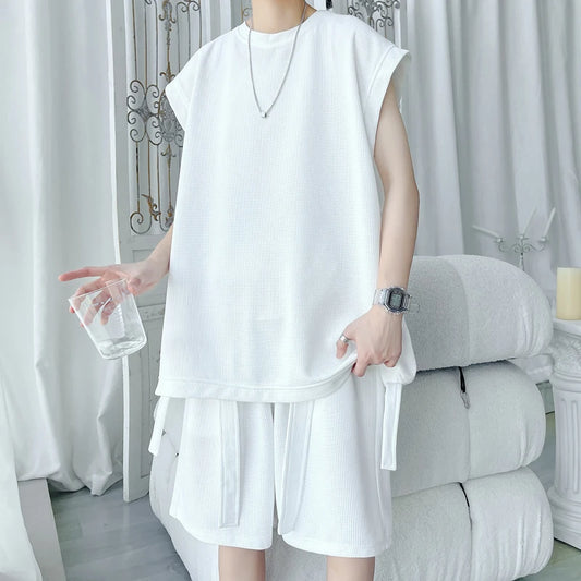 Summer Solid Colour Sleeveless Loose Casual Streetwear Round Neck Vest Set