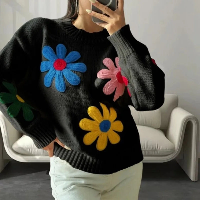 Women's Crochet Flower Pullover Knitted Sweater - Loose Lantern Long Sleeve Embroidery Knit Top