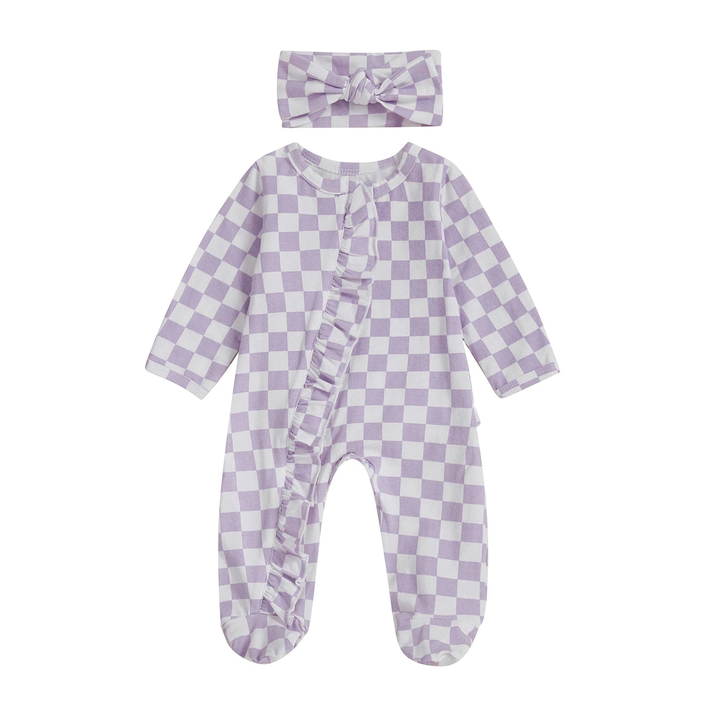 Newborn Baby Footie Set with Headband - Checkerboard Ruffled Zip Front Jumpsuit