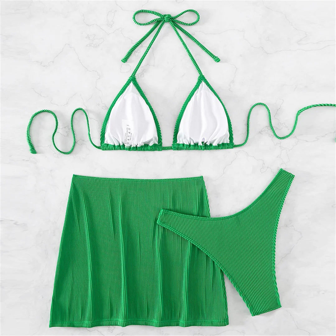 4 Colours With Skirt Ribbed Three-pieces Halter Bikini Set