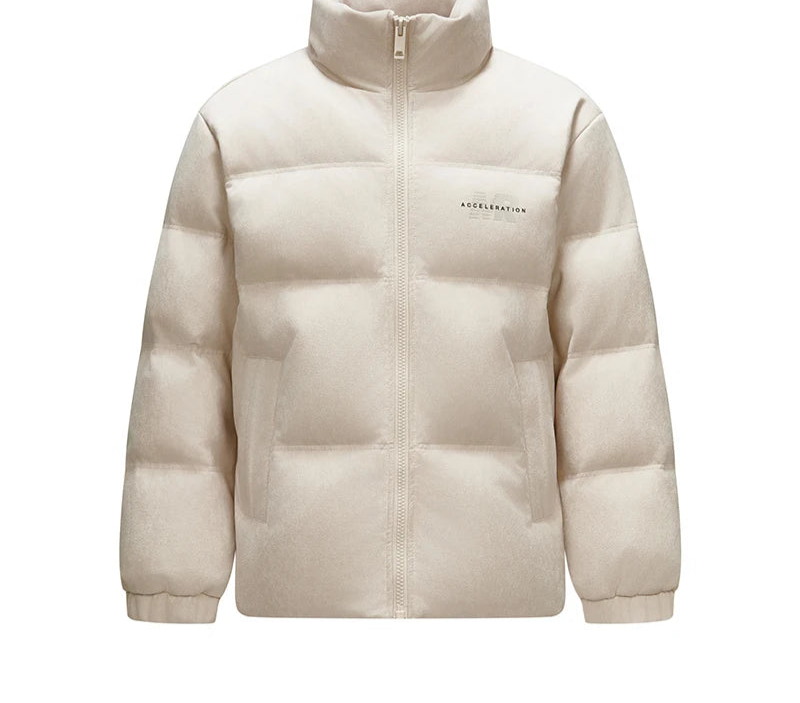 Down Jacket Men Faux Suede Texture Stand Collar Puffer Coat Winter Loose Fit Warm Outerwear
