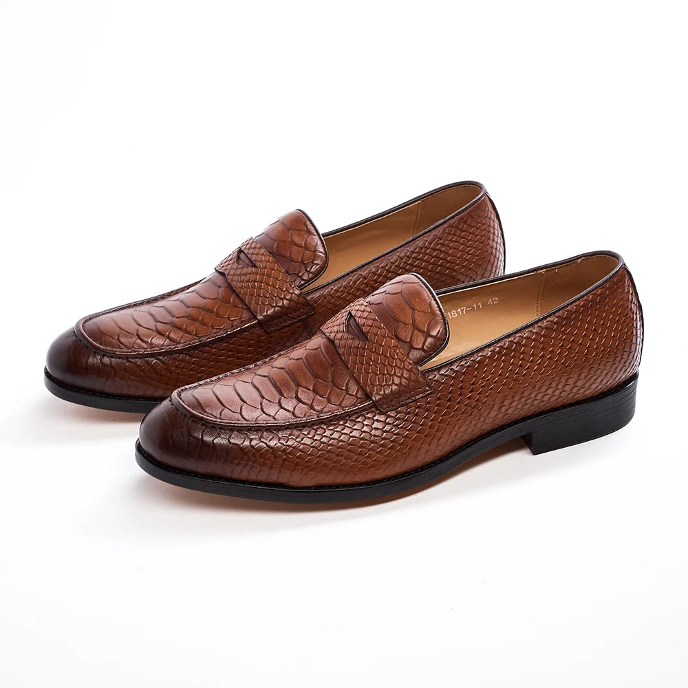 Men's Genuine Leather Snake Pattern Loafers – Pointed Slip-On Dress Shoes