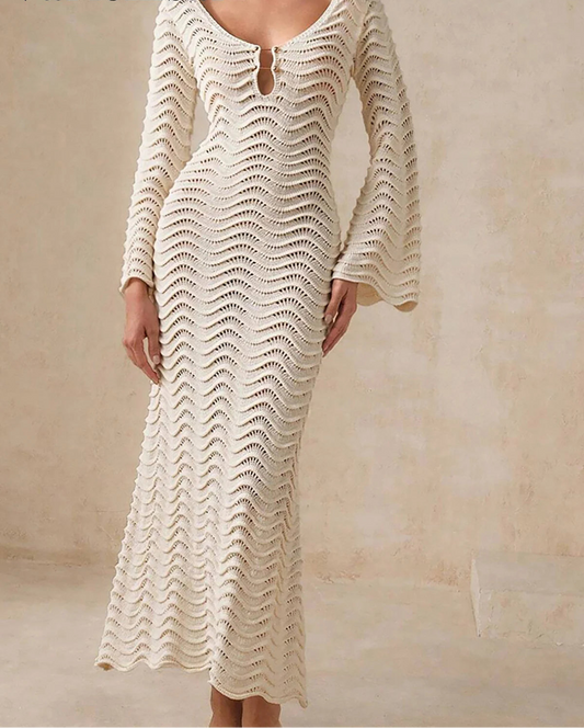 Long Sleeve Backless Crochet Knit Beach Cover-Up Dress