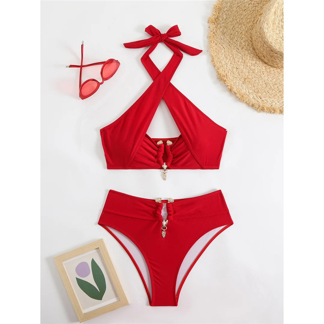 Women's Halter Cut Out High Waist Bikini Swimsuit Swimwear Two-pieces Bikini set