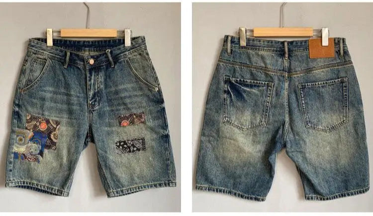 Men's Summer American Casual Embroidery Patch Vintage Denim Shorts