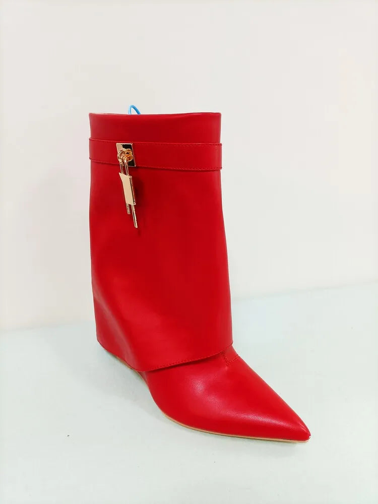 Women's Wedge Leather Mid-Calf Boots - 10cm Heel Metal Buckle Boots