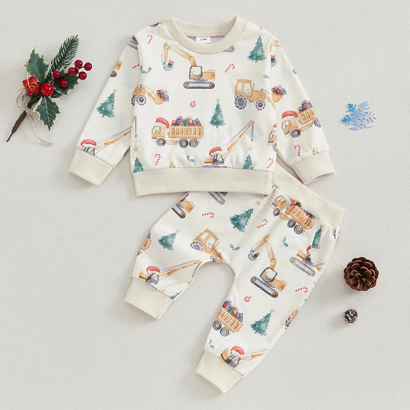 0-3Y Baby Boys Christmas Clothes Sets 2pcs Cartoon Truck Print Long Sleeve Sweatshirts Pants