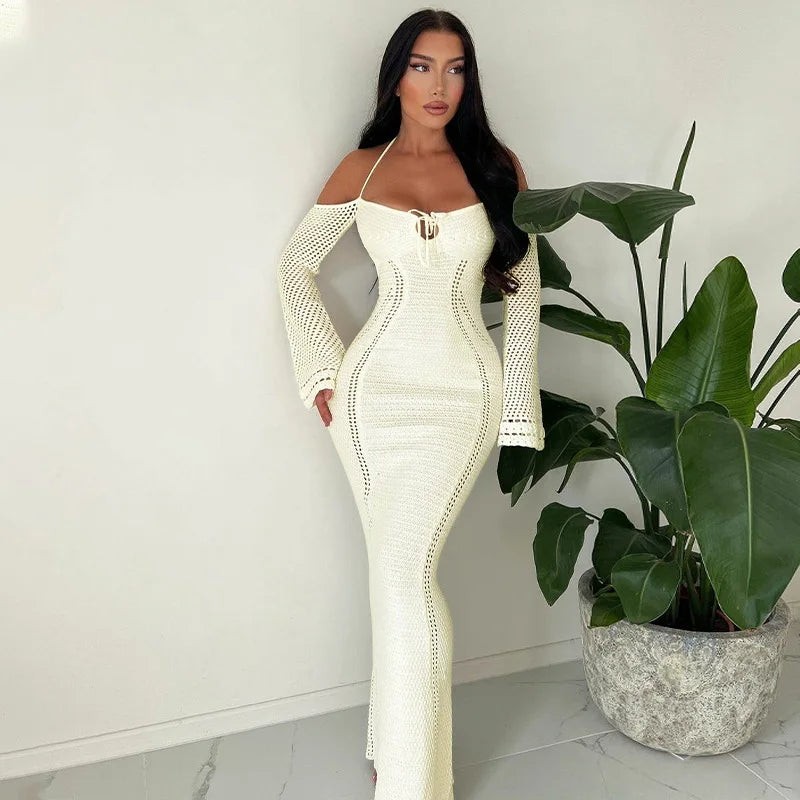 Women's Off Shoulder Halter Knit Dress - Long Sleeve Elegant Backless Tie Front Maxi Dress