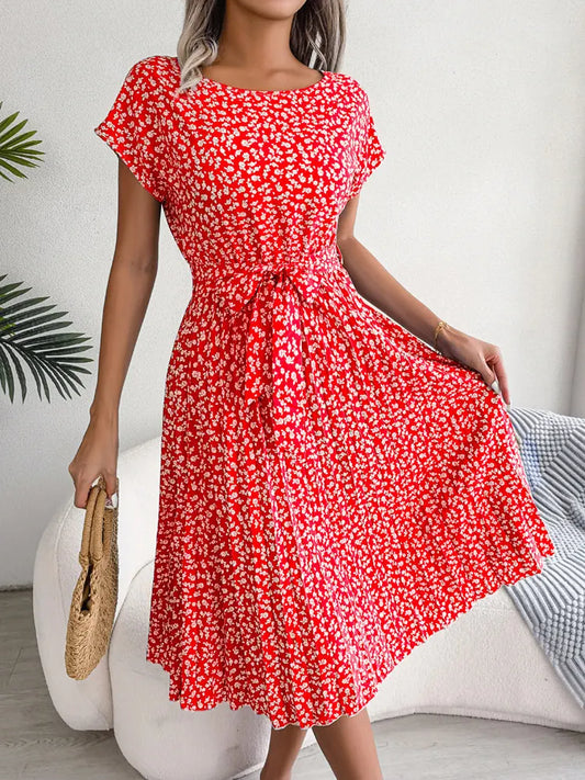 Women's Floral Pleated A Line Long Spring Summer Short Sleeve High Waist Chic Dress