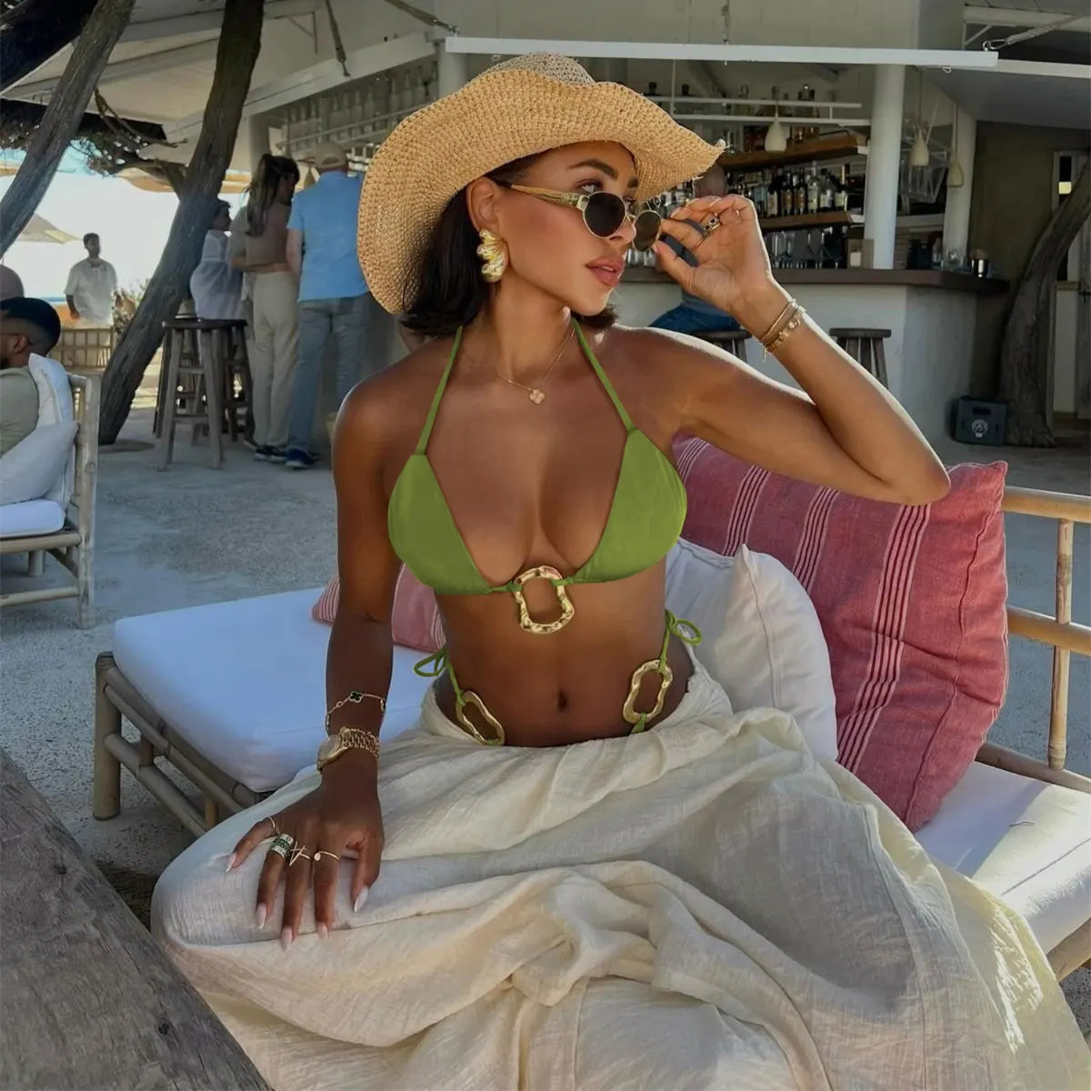 Women's Gold Ring Bikini Swimwear Halter Tie Knot Two-Piece Bikini Set