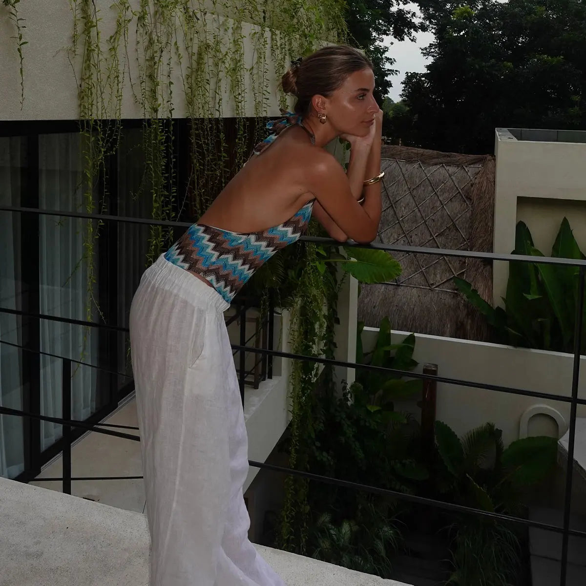 Print V-Neck Halter One-Piece Swimsuit