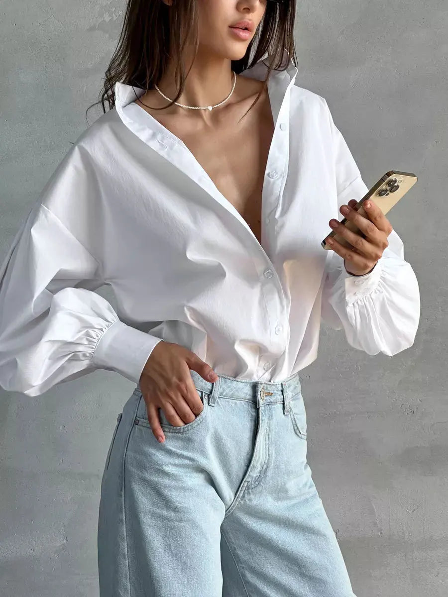 Women's Loose Lantern Sleeve Single-breasted 100% Cotton Blouse