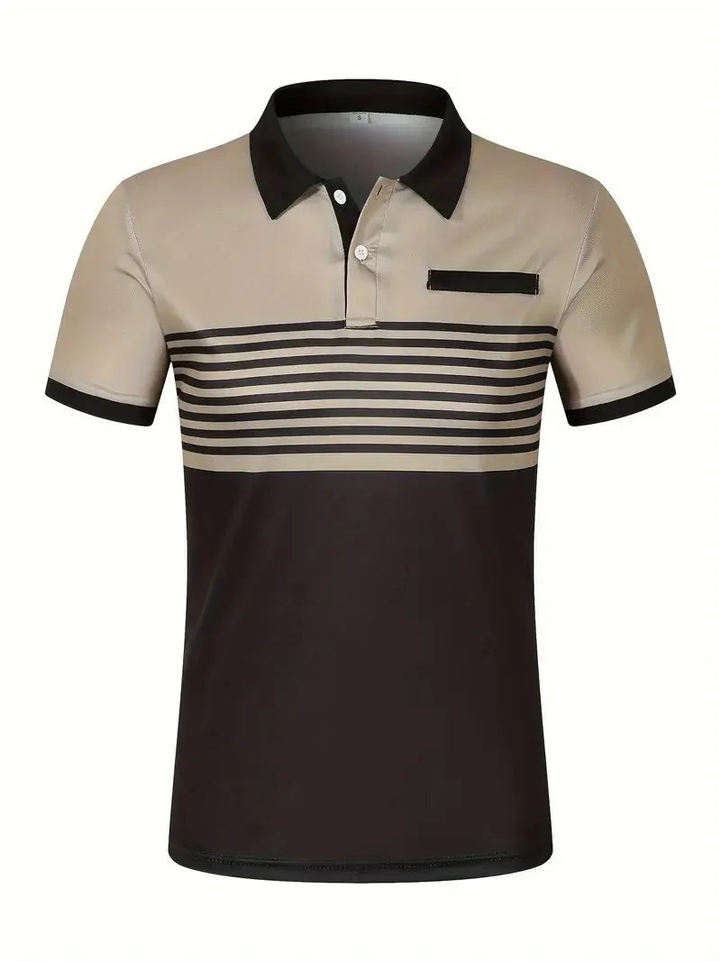 Men's Summer Polo Patchwork Short Sleeve Smart Casual Striped Turn Down Collar Shirt