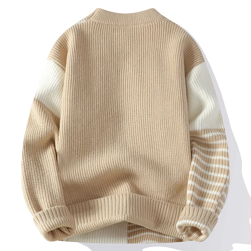Autumn Winter Patchwork Striped Knit Pullover - O-Neck Loose Warm Sweater