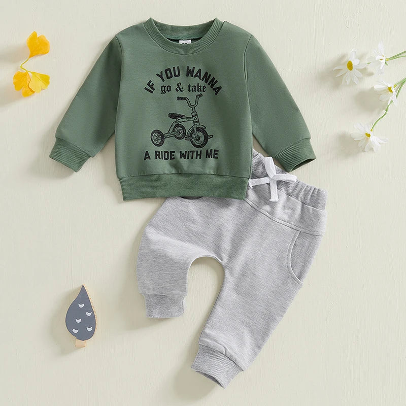 0-3Y Toddler Baby Boys Letter Print Long Sleeve Crew Neck Sweatshirts with Solid Pants Set