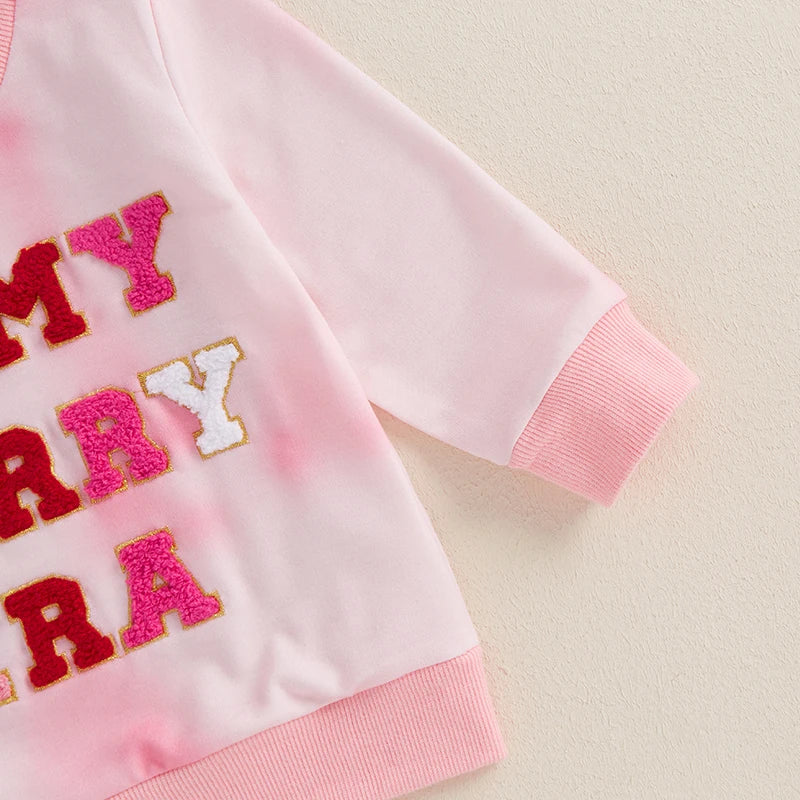 0-3Y Baby Girl Christmas Sweatshirt - Tie-Dye Print Letter Embroidery Long Sleeve Pullovers Top