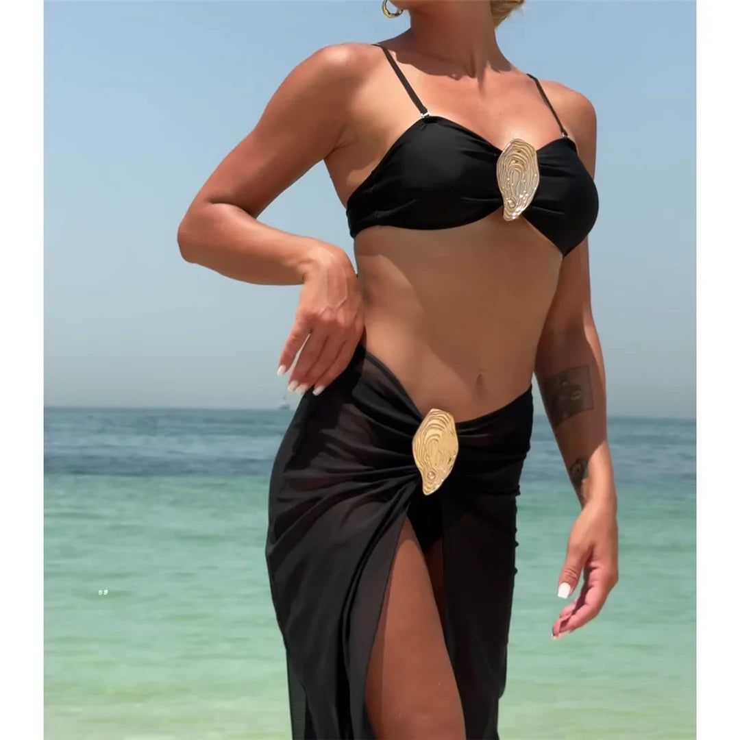 Metal Ring Bikini Set with Skirt