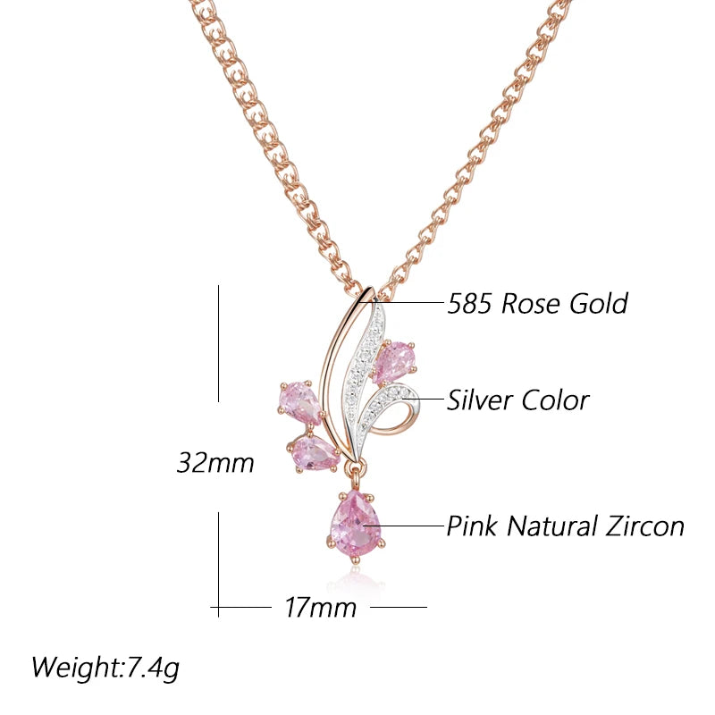 Women's 585 Rose Gold Silver Colour Shiny Pink Natural Zircon Flower Pendant Necklace