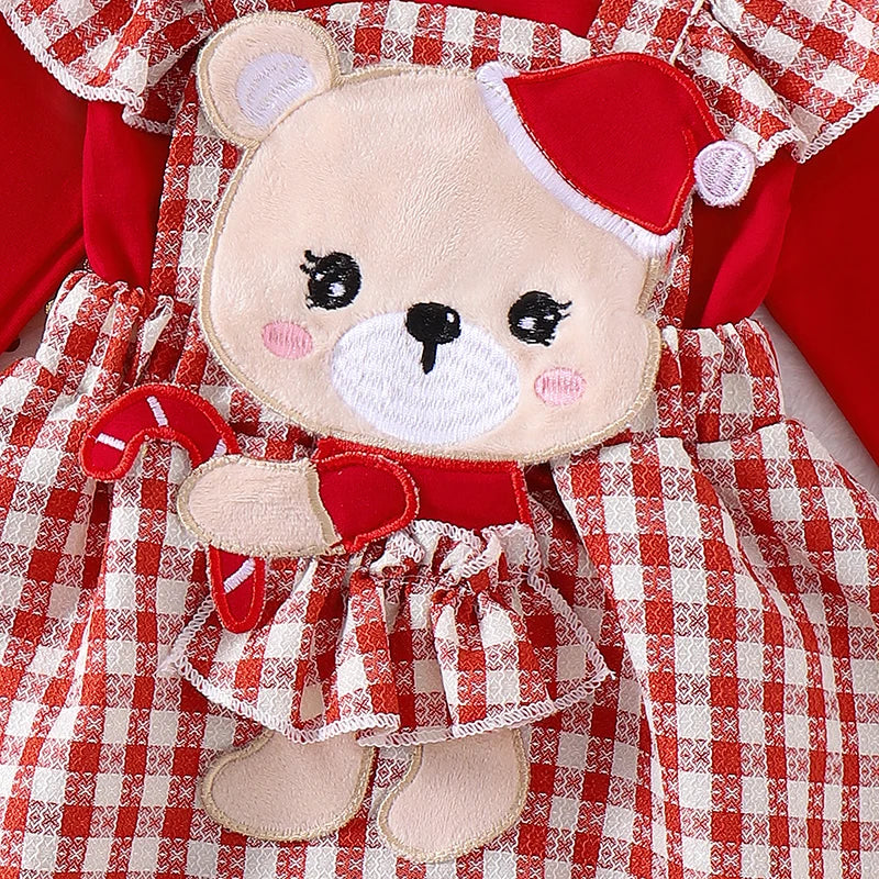 0-18M  Baby Girls Christmas Clothes Sets - Romper Cartoon Doll Embroidery Suspender Skirt Headband