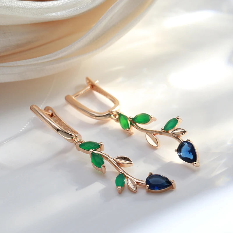Women's 585 Rose Gold With Shiny Green Natural Zircon Long Leaf Drop Earrings
