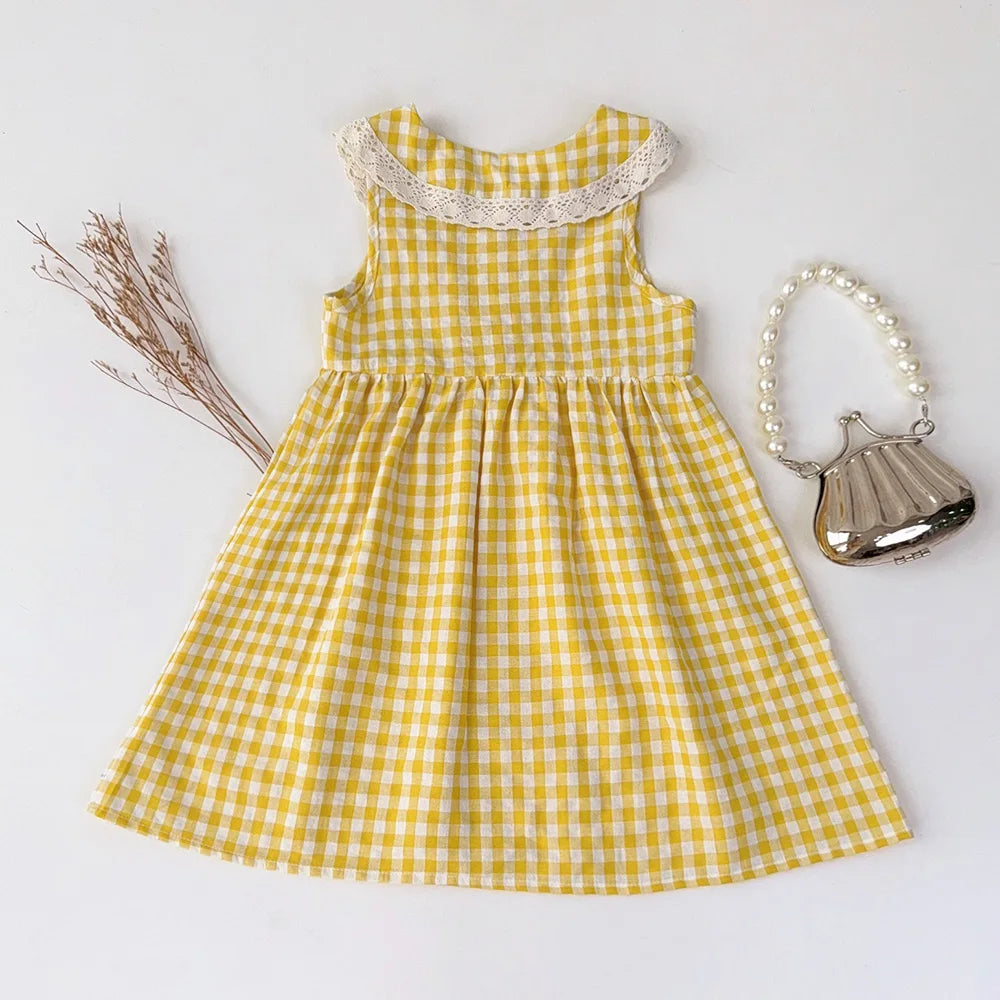 Girl's Lace Lapel Princess Sleeveless Plaid Print Dress