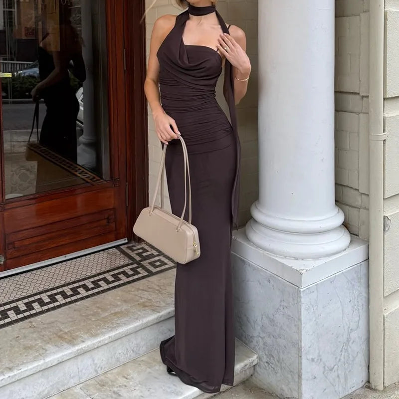 Women's Elegant Neck Scarf Ruched Backless Maxi Dress - Slip Gown