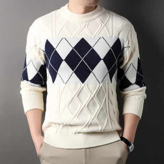 Men's Argyle Mock Neck Knitted Sweater - Warm Casual Pullover