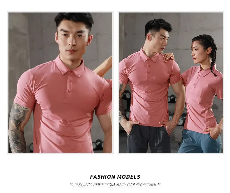 Men's Summer Casual Stretch Gym Muscle Fit Shirt Sports  Quick Dry Ice Silk Short Sleeve Golf Polo Lapel T-Shirt