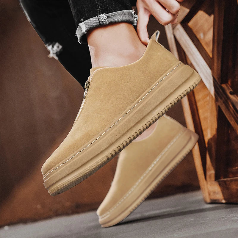 Men's Suede Leather Platform Work Shoes - Zipper Casual Business Sneakers