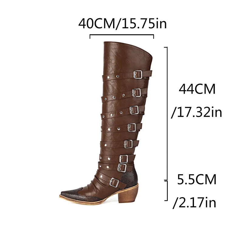 Women's 6cm Square Heel Knee High Boots Belt Buckle Rivet Pointed Leather Long Boots