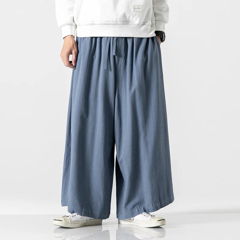 Men's Loose Wide Leg Cotton Linen Trousers with Elastic Waist