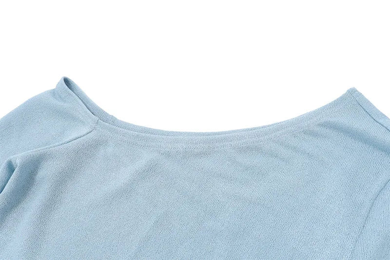 Women's Autumn Long Sleeve Asymmetrical Knit Top - Blue Cropped Slim Fit