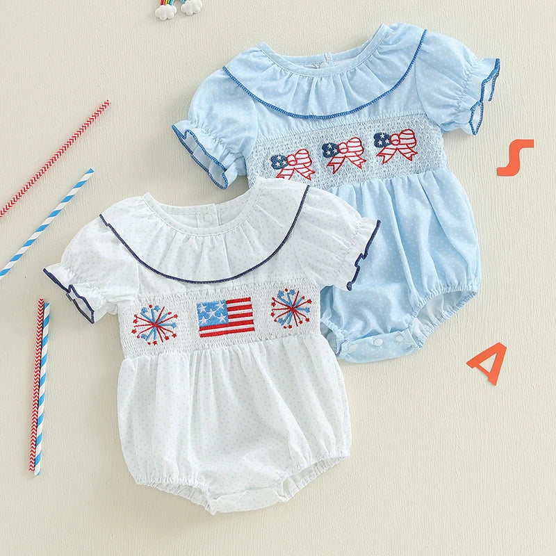 Baby Girls' Independence Day Romper - Dot Print Bow Flag Embroidery Ruffled Jumpsuit