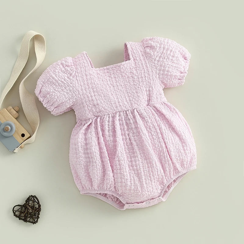 Baby Girls Bubble Romper - Short Puff Sleeve Square Neck Backless Playsuit