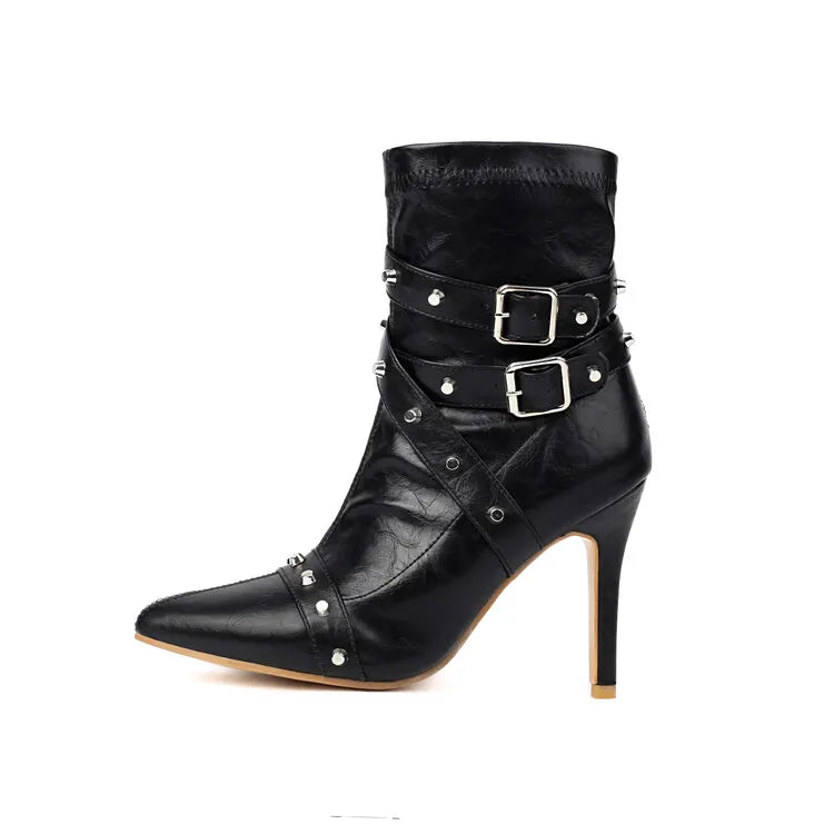 Women's Rivet Belt Buckle 10cm High Heel Short Pointed Side Zipper Leather Ankle Boots