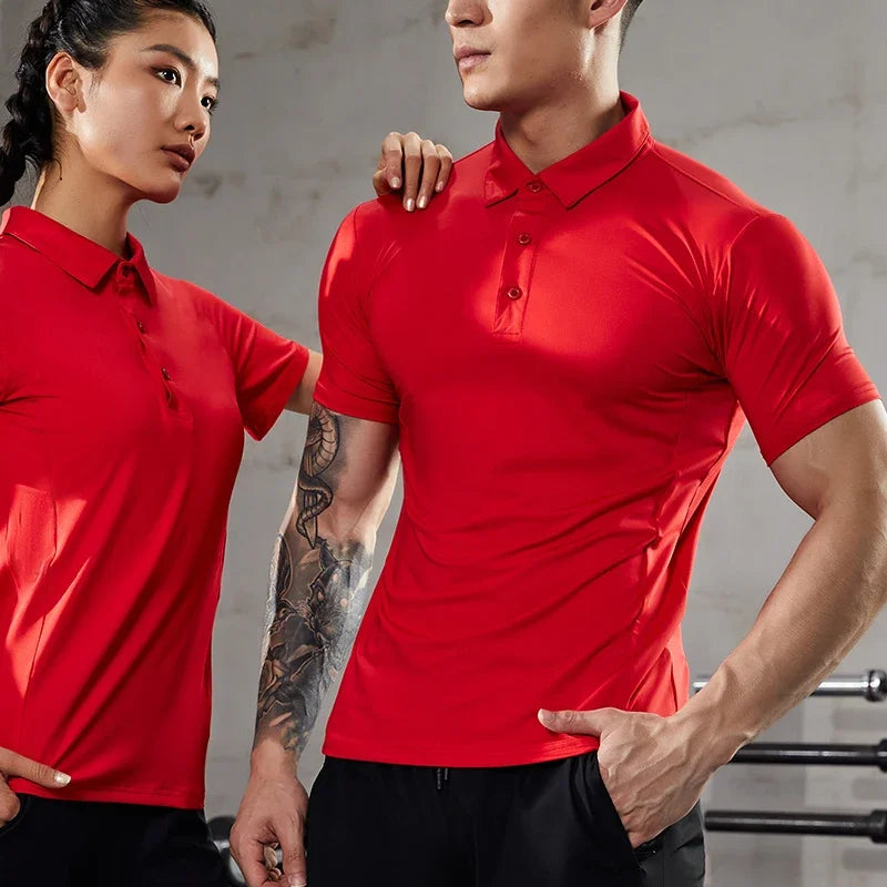 Men's Summer Casual Stretch Gym Muscle Fit Shirt Sports  Quick Dry Ice Silk Short Sleeve Golf Polo Lapel T-Shirt