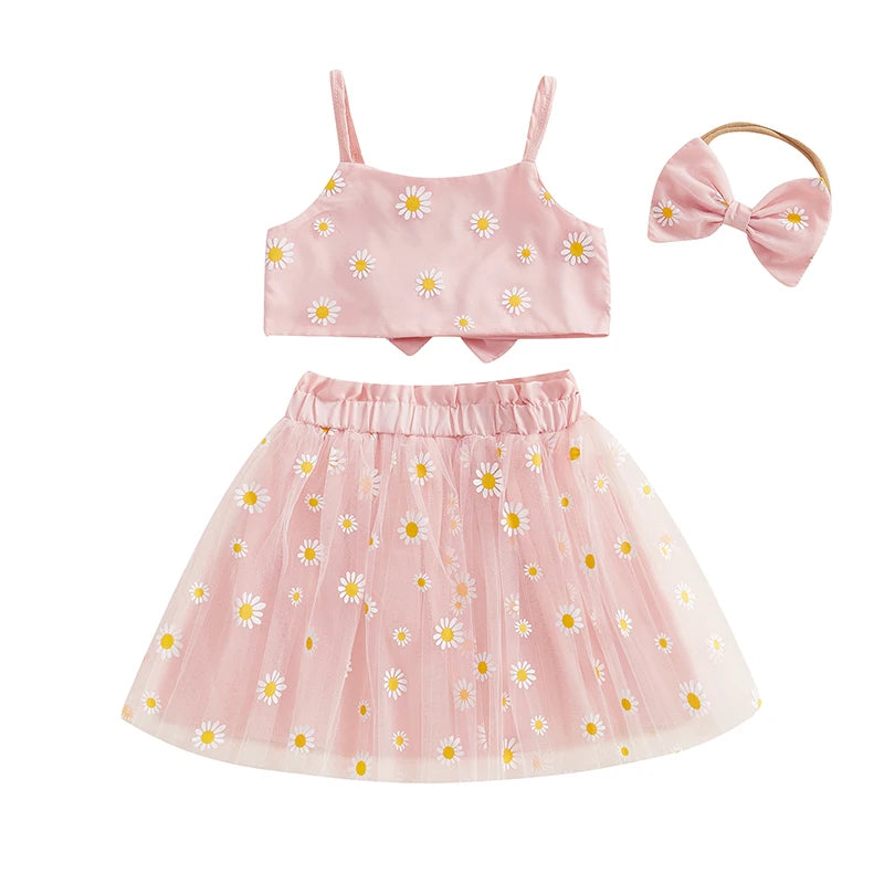 0-3Y Toddler Baby Girls Summer Clothes Sets Sunflowers Print Spaghetti Strap Top and Tulle Skirt Bow Headband