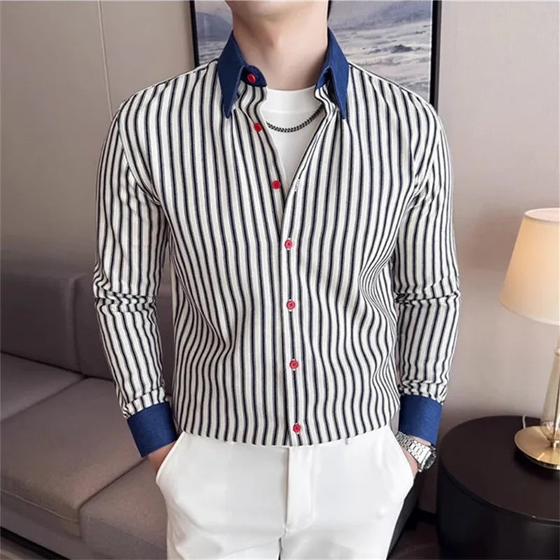 Men's Long Sleeve Striped Cotton Shirt - Smart Casual Square Collar
