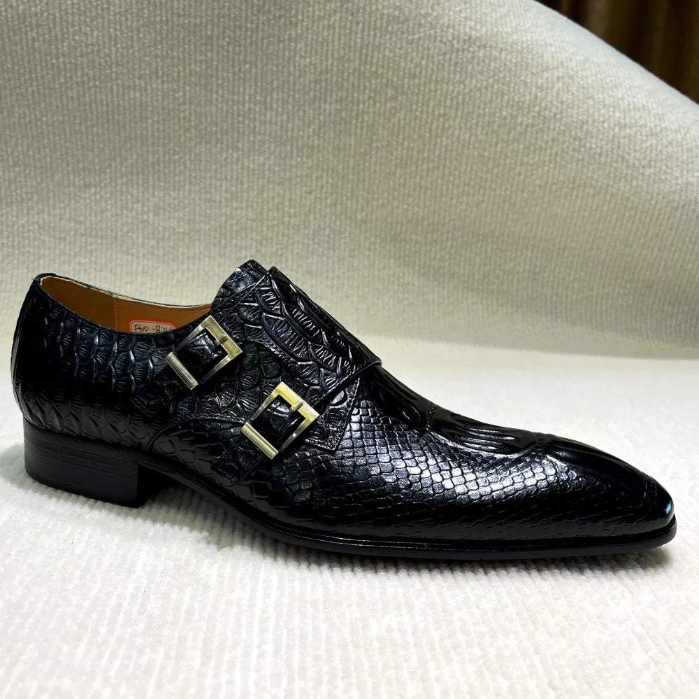 Men's Italian Genuine Leather Formal Oxford Python Crocodile Pattern Button Detailing for Office Party Wedding Shoes