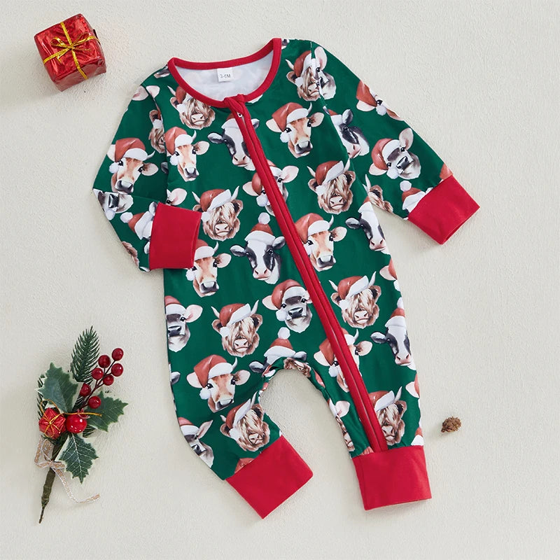 0-12M Baby Girls Boys Christmas Rompers Cow Print Long Sleeve Zipper Jumpsuits